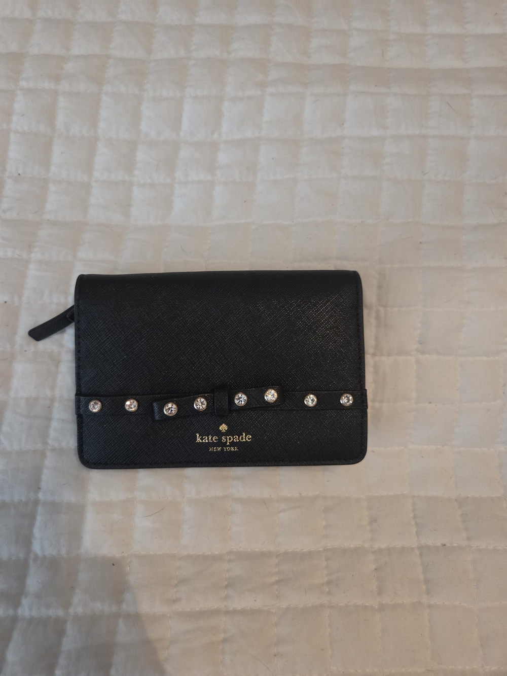 kate spade Black Saffiano Leather Crystal-Stud Bifold Wallet